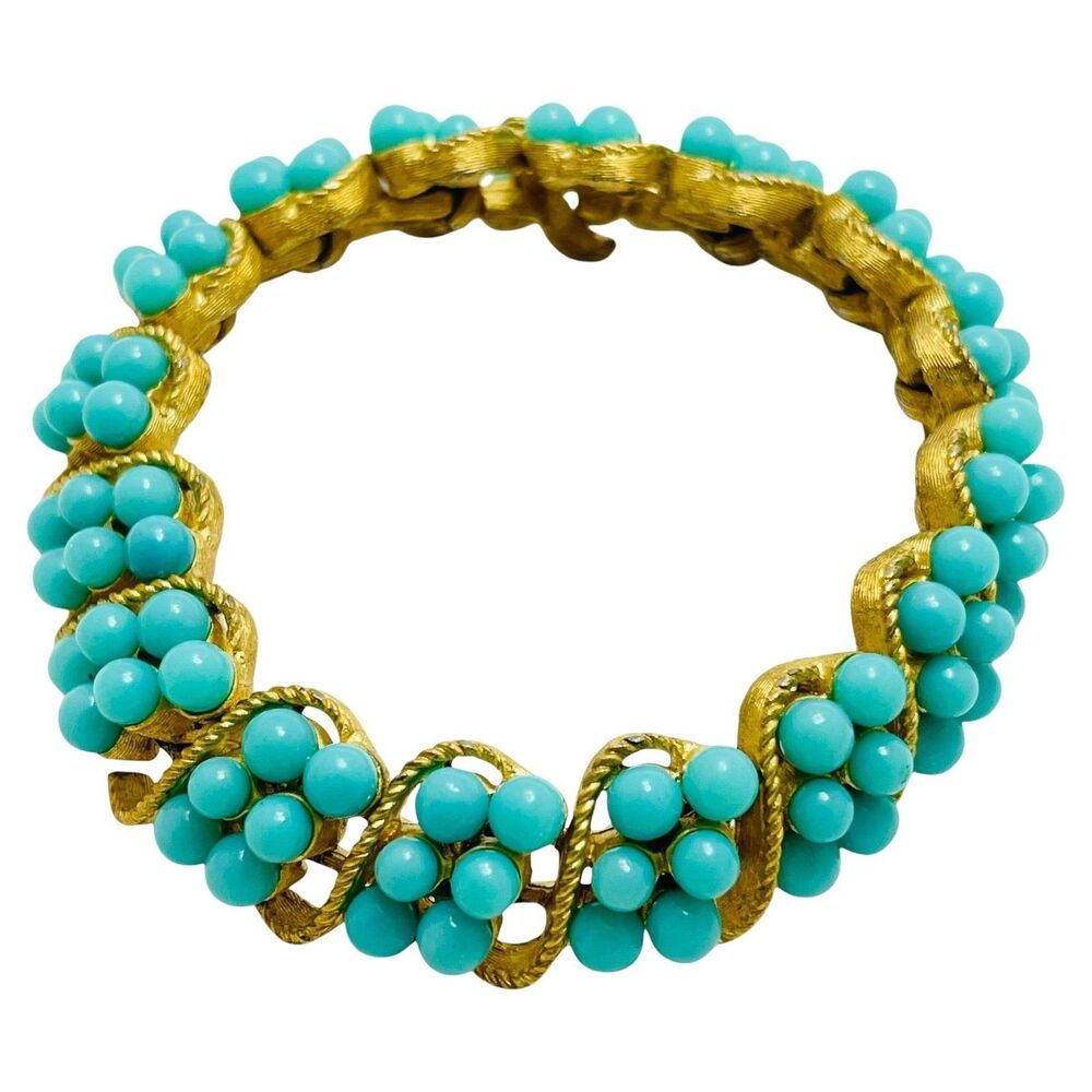 Vintage TRIFARI crown gold tone faux turquoise designer bracelet